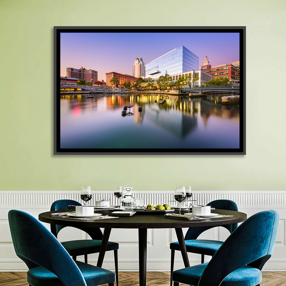 Providence River Skyline at Twilight Wall Art in a room, landscape