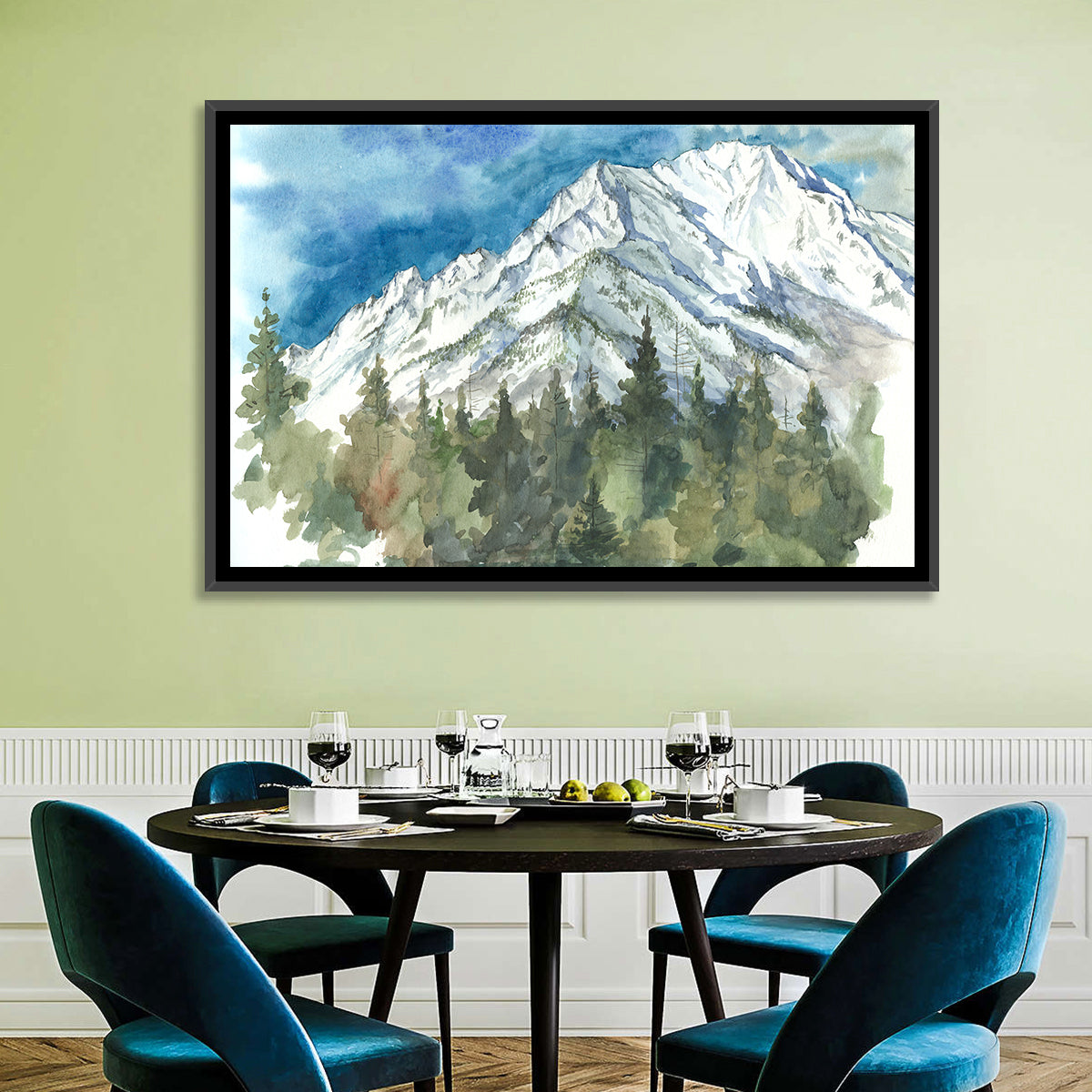 Snowy Mountain Watercolor Wall Art in a room, landscape