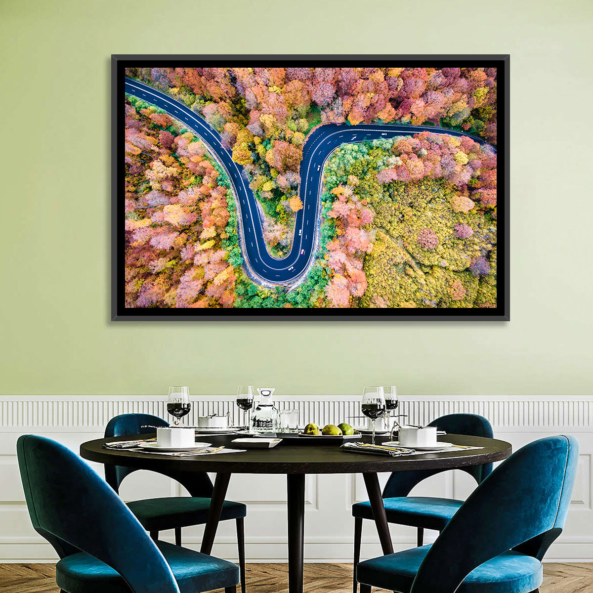 Winding Forest Road Wall Art in a room, landscape