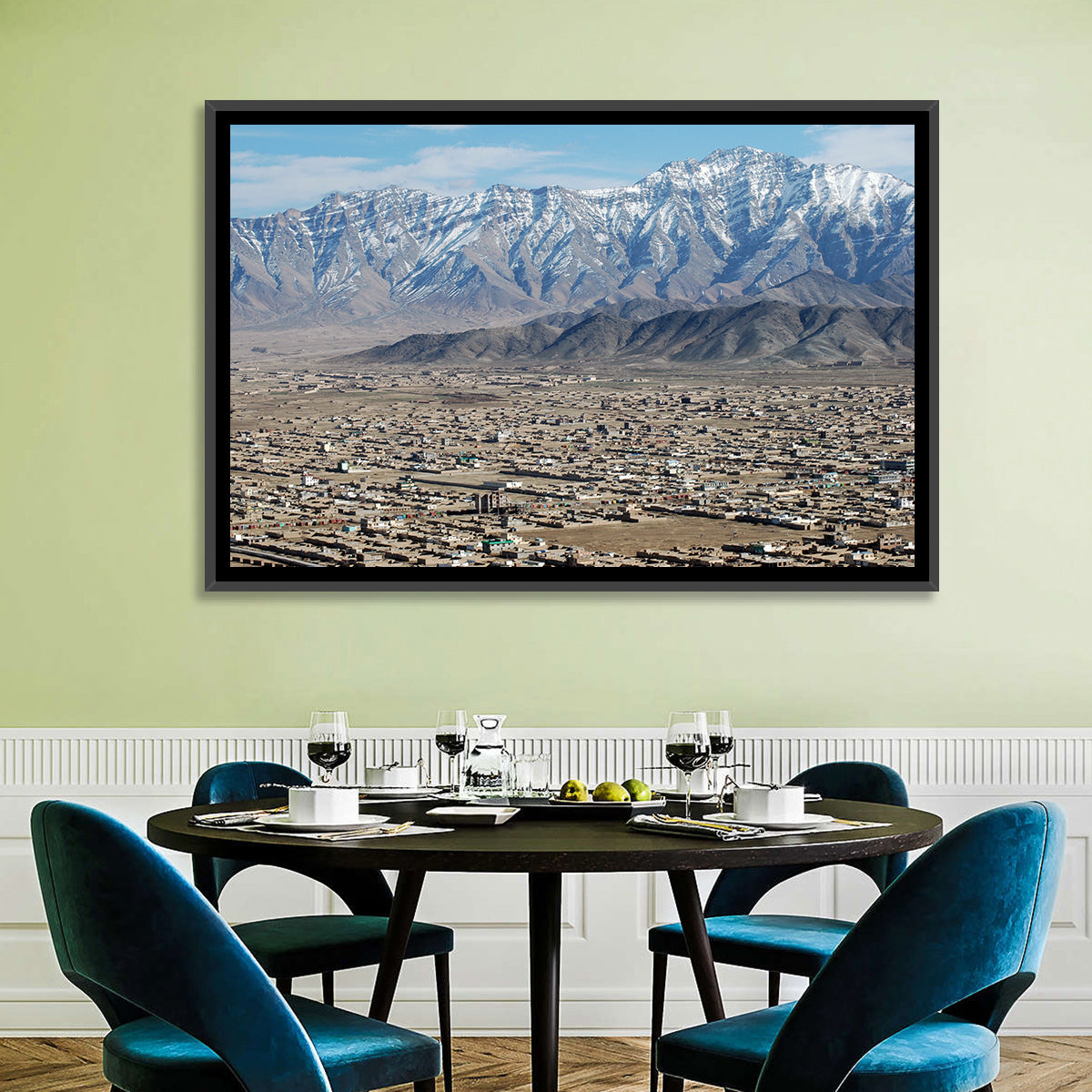 Kabul from Above with Snow-capped Mountains Wall Art in a room, landscape