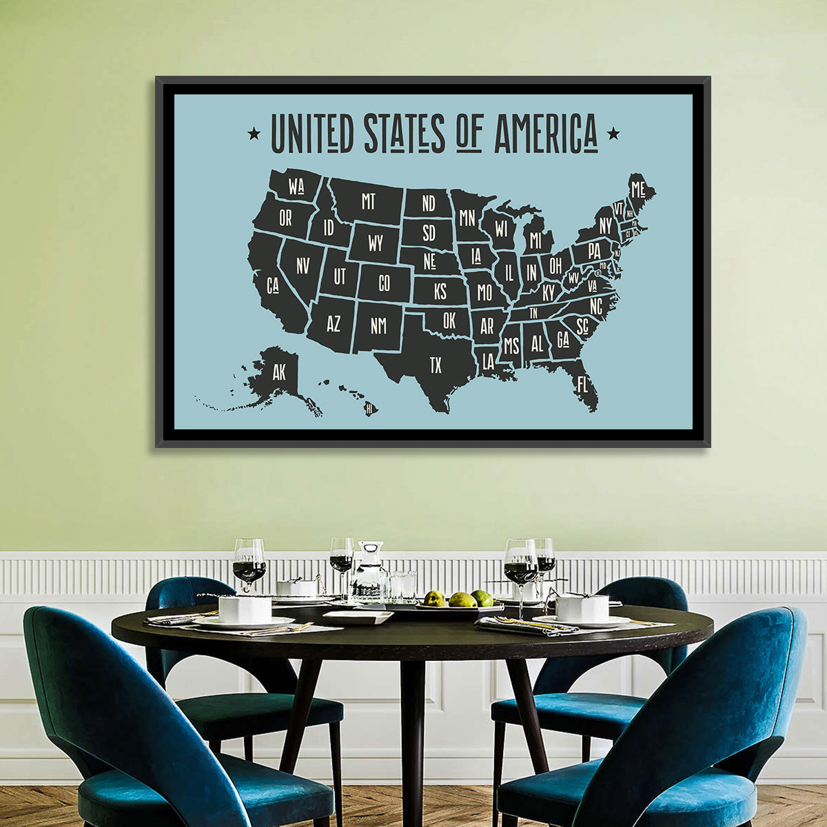 Minimalist USA Map with State Abbreviations Wall Art