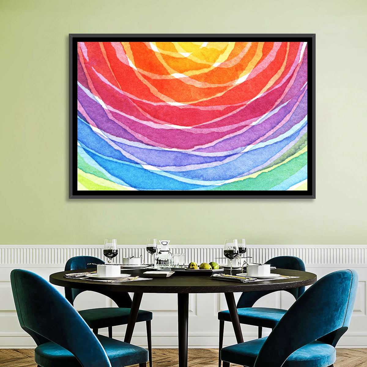 Radiant Rainbow Watercolor Arcs Wall Art in a room, landscape