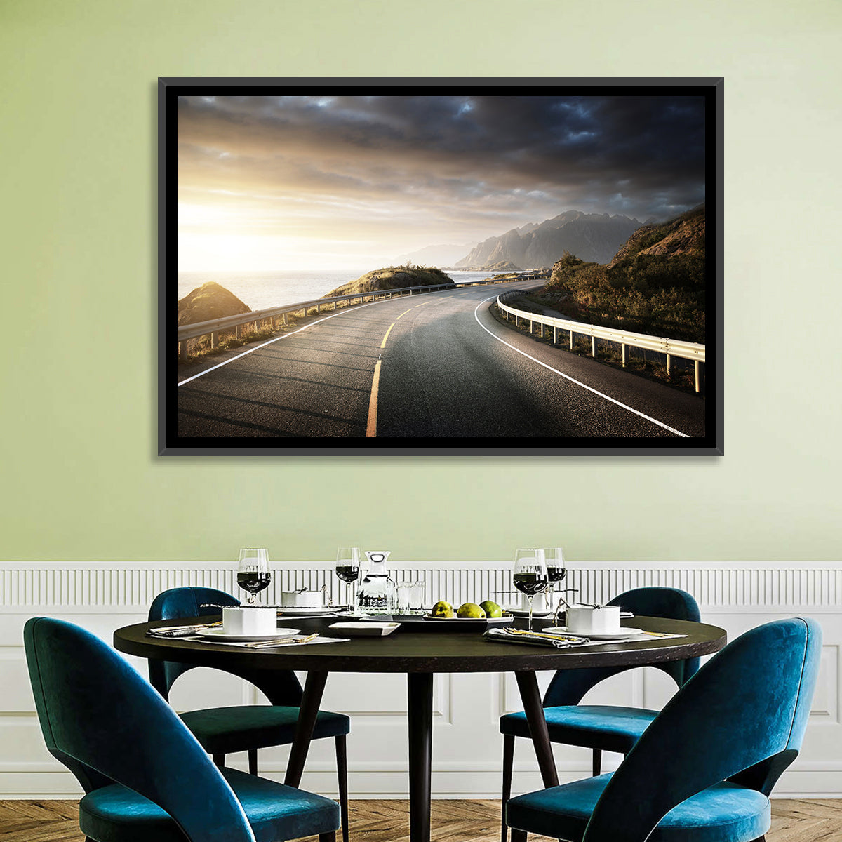 Golden Sunrise Coastal Road Wall Art in a room, landscape