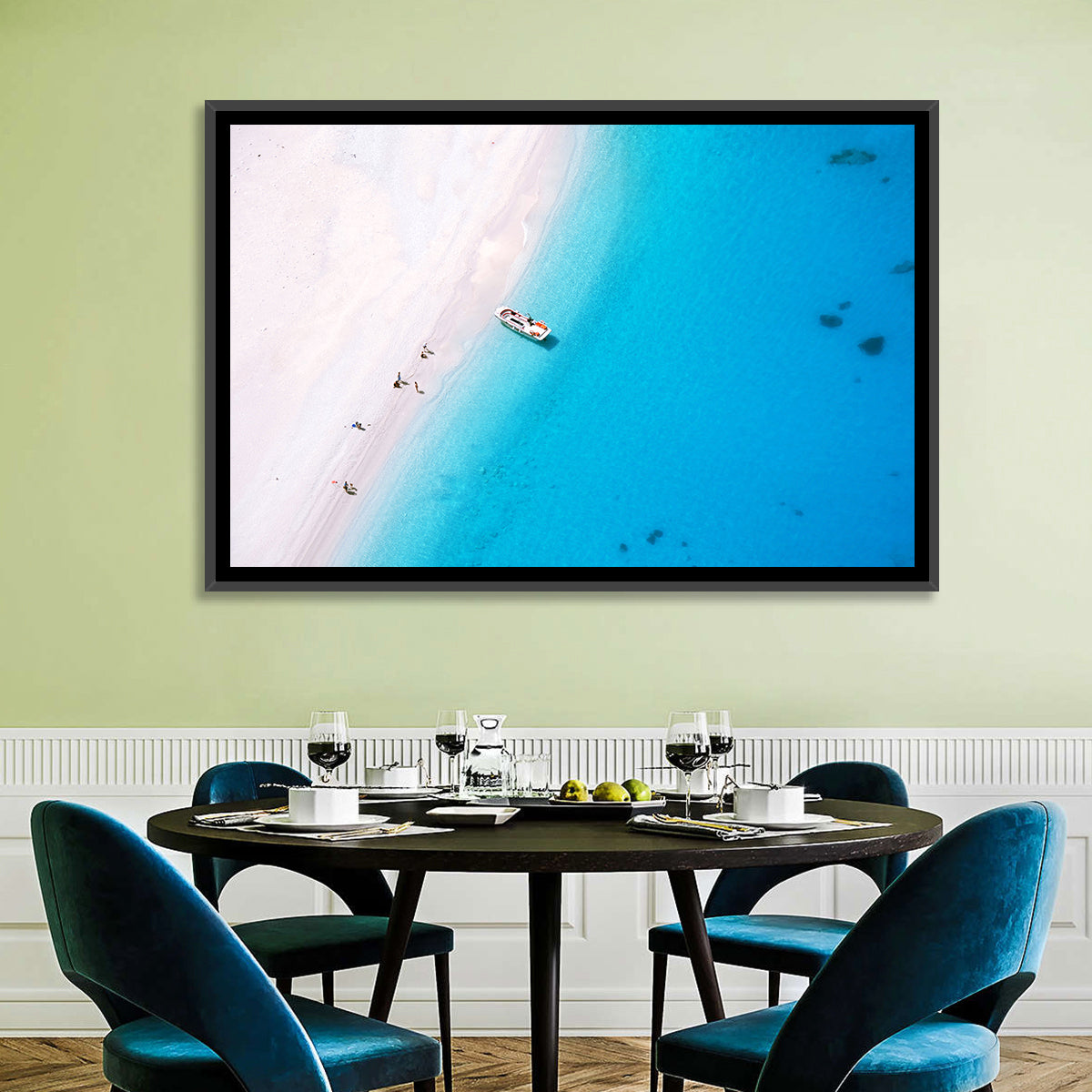 Aerial Beach Bay with White Boat Wall Art