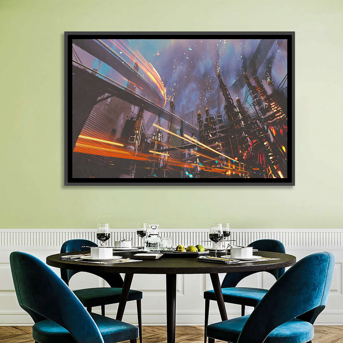 Futuristic Industrial Cityscape Wall Art in a room, landscape