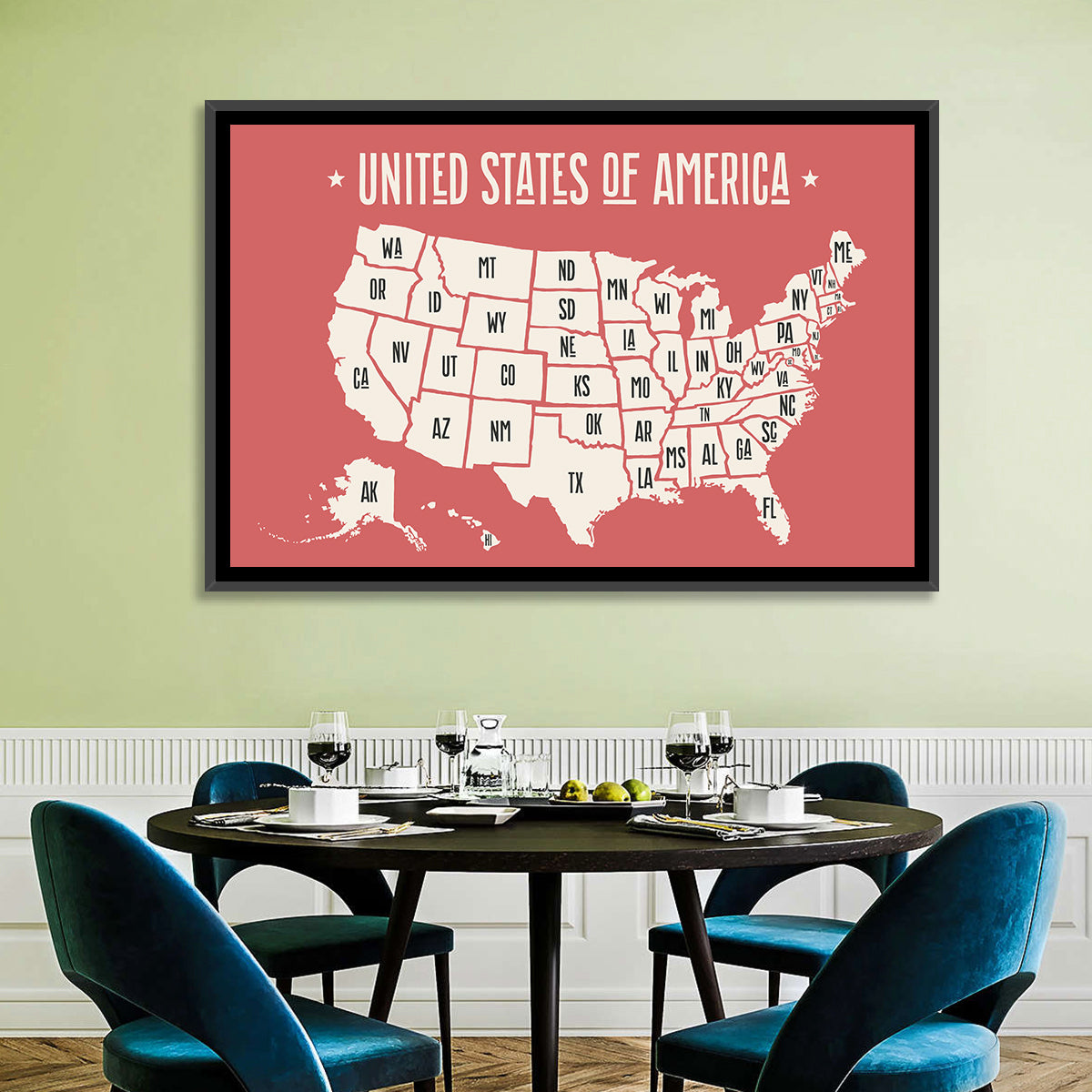 United States Map with State Abbreviations Wall Art