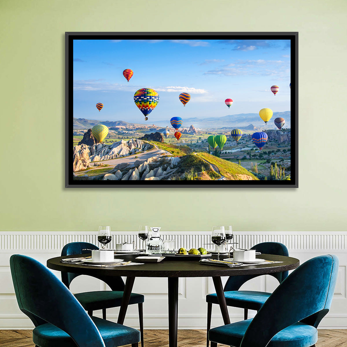 Cappadocia Hot Air Balloons Over Rock Valleys Wall Art in a room, landscape