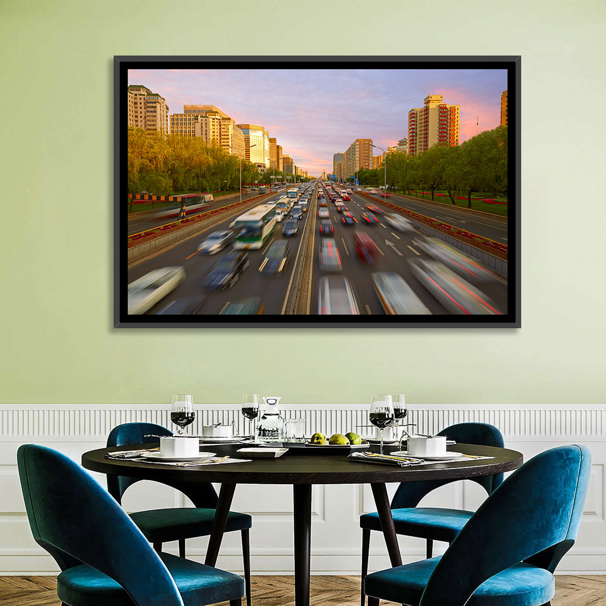 Beijing Sunset Traffic Streaks Wall Art in a room, landscape