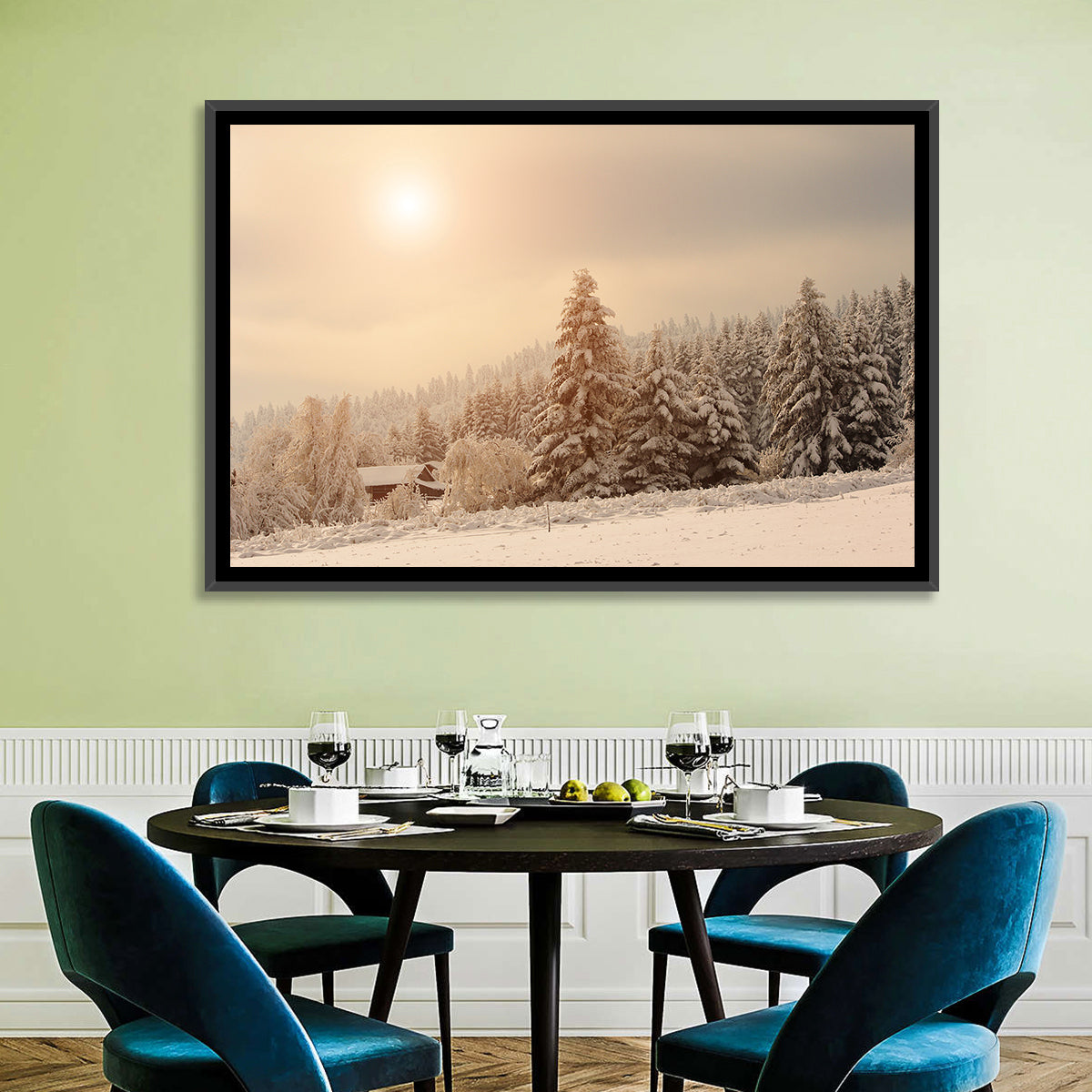 Snowy Pine Forest at Golden Hour Wall Art in a room, landscape