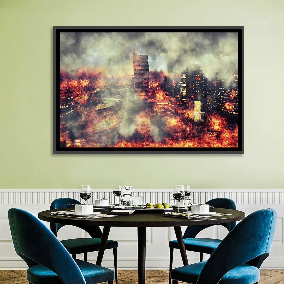 Warsaw Spire Burning City Abstract Wall Art in a room, landscape