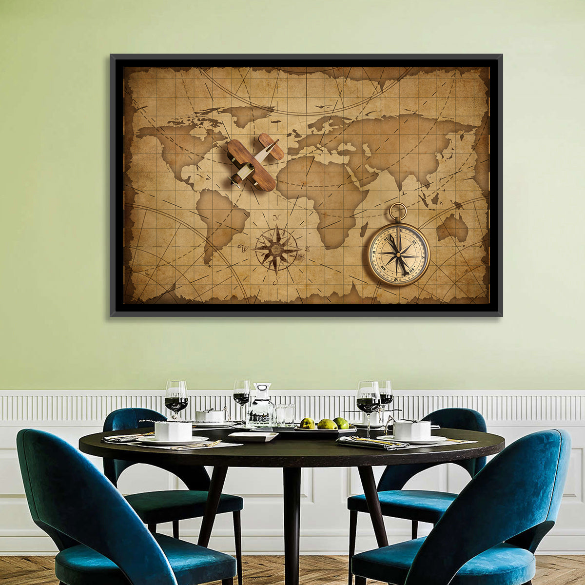 Retro Map with Biplane and Compass Wall Art in a room, landscape