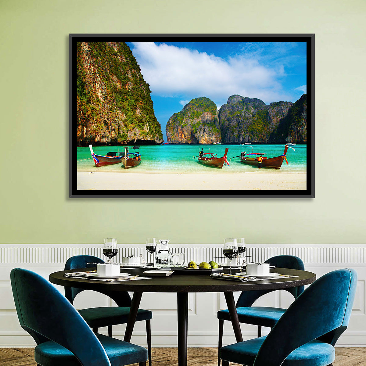 Maya Bay Long-tail Boats Wall Art in a room, landscape