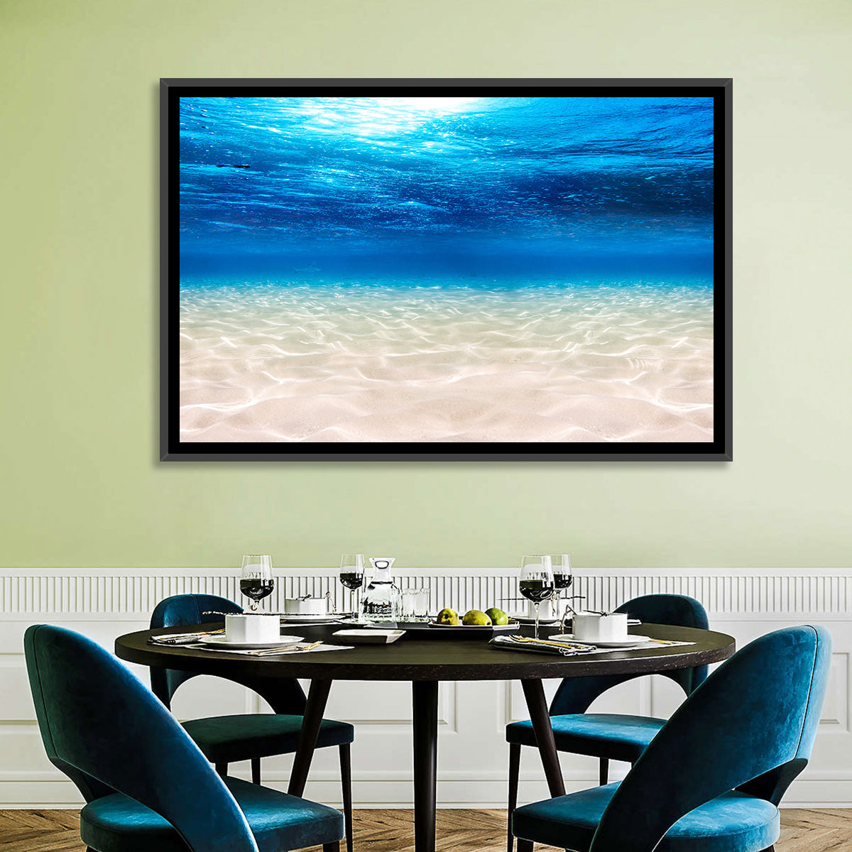 Sunlit Sandy Seabed Wall Art in a room, landscape
