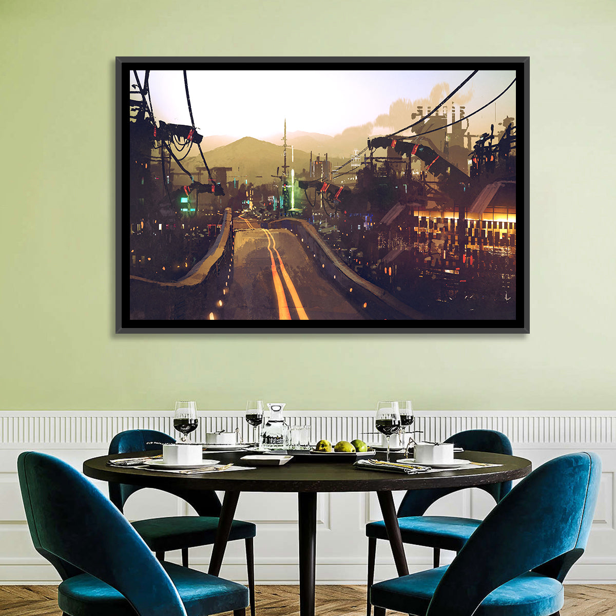 Futuristic Highway at Dusk Wall Art in a room, landscape