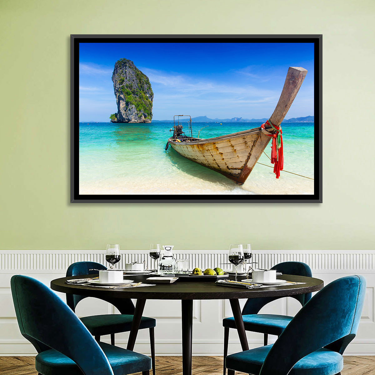 Krabi Longtail Boat Seascape Wall Art in a room, landscape