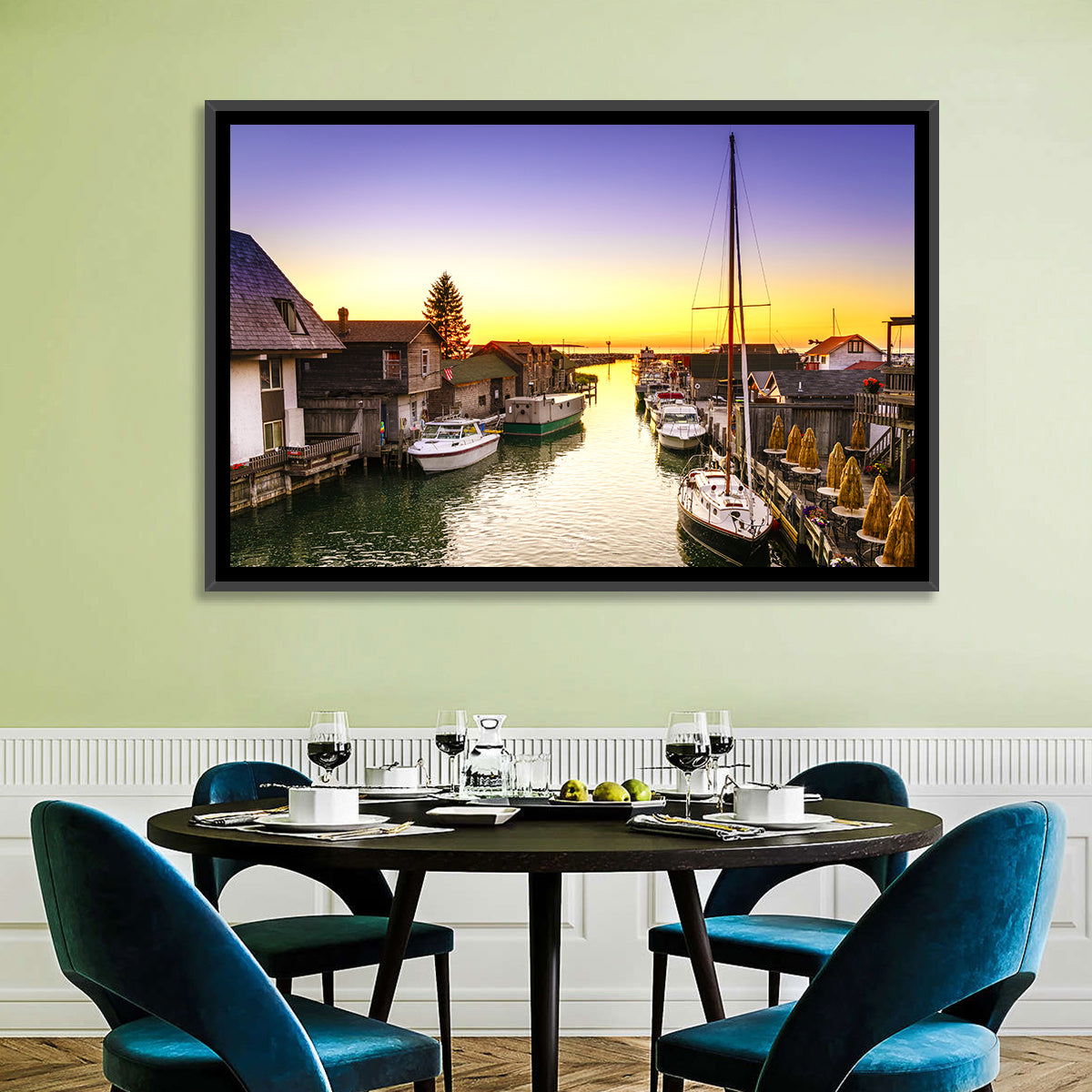 Leland Fishtown Sunset Wall Art in a room, landscape