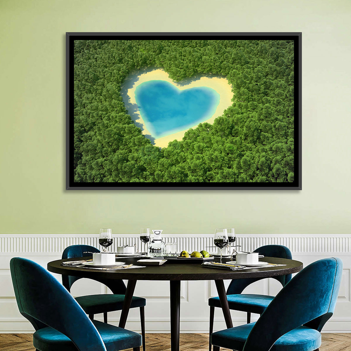 Heart-shaped Pond Aerial View Wall Art in a room, landscape