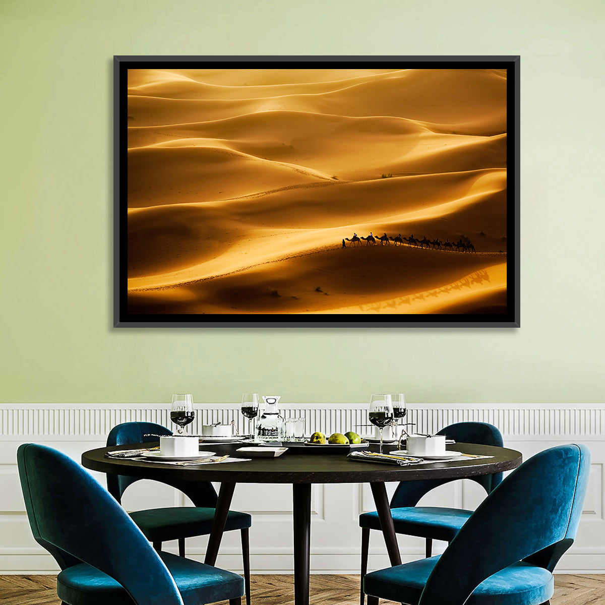 Golden Hour Camel Caravan Wall Art in a room, landscape