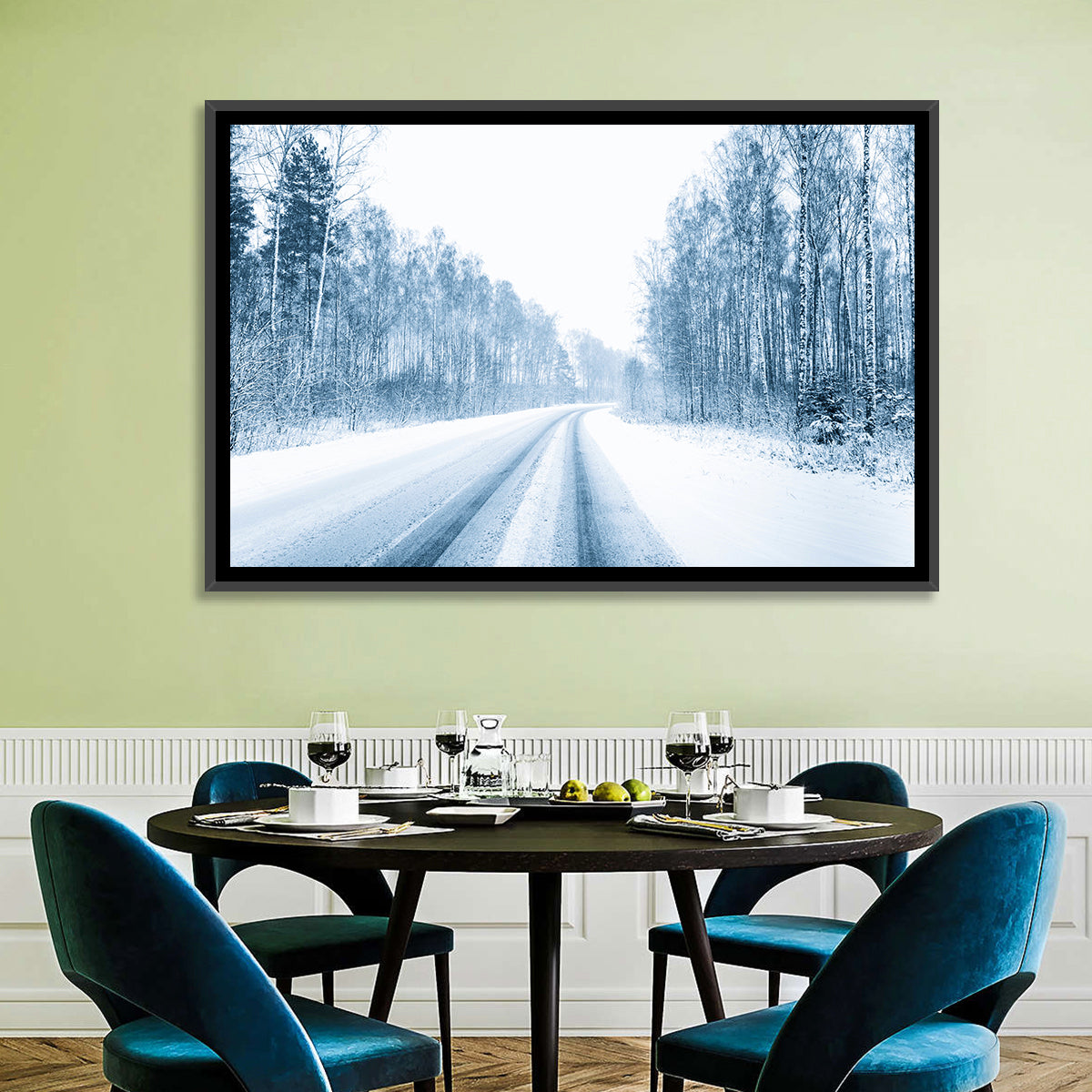 Tire Tracks on Snowy Road Wall Art in a room, landscape