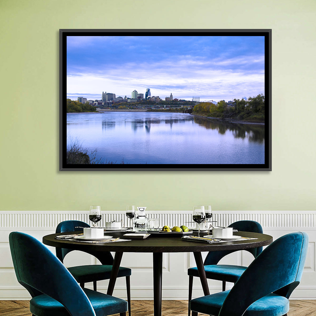 Kansas City Skyline at Dusk Wall Art in a room, landscape