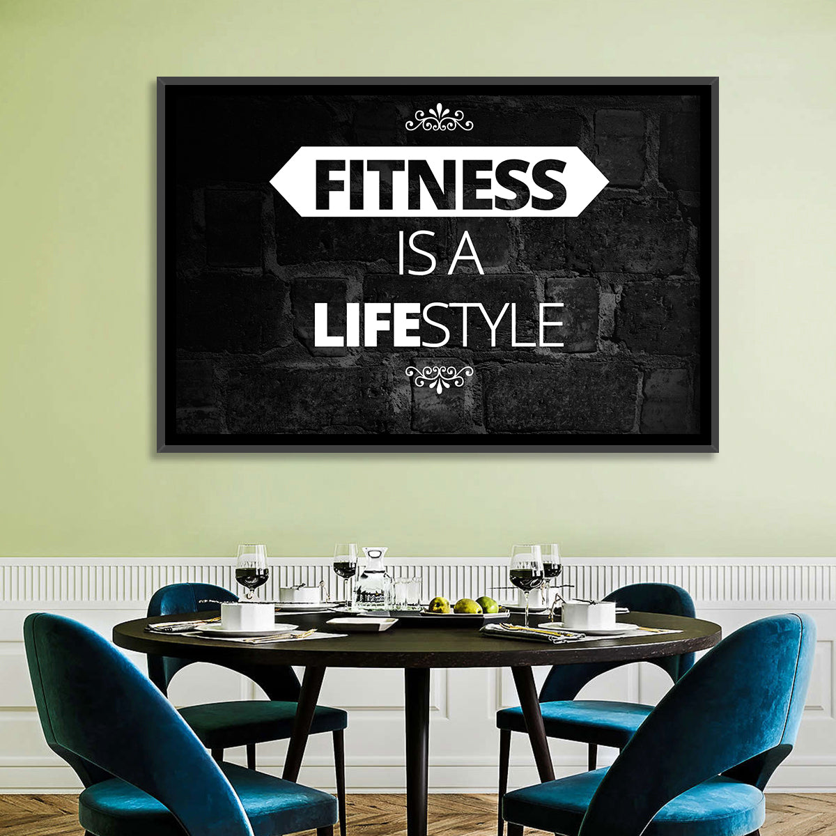 Fitness Is a Lifestyle Brick Quote Wall Art in a room, landscape