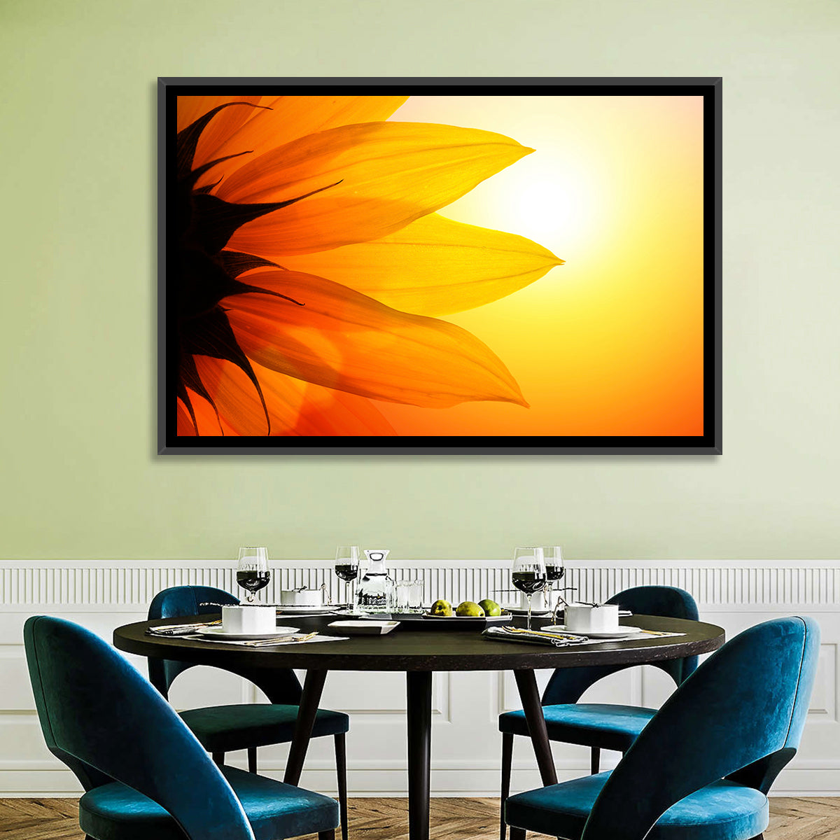 Backlit Sunflower Petals Wall Art in a room, landscape