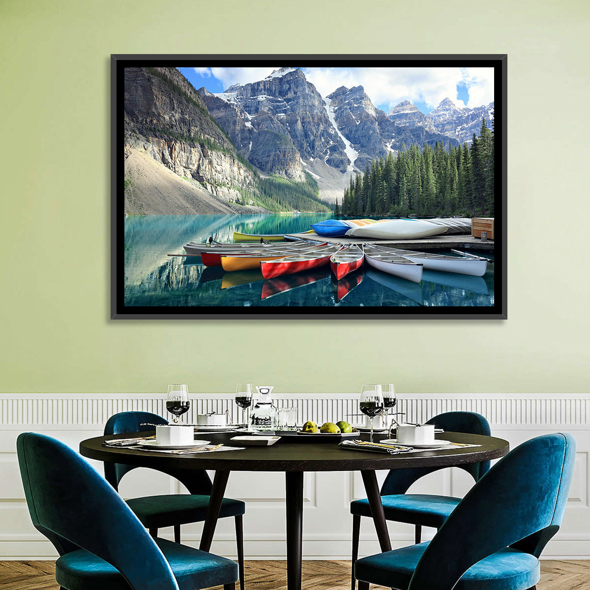Moraine Lake Canoes at Lake Louise Wall Art