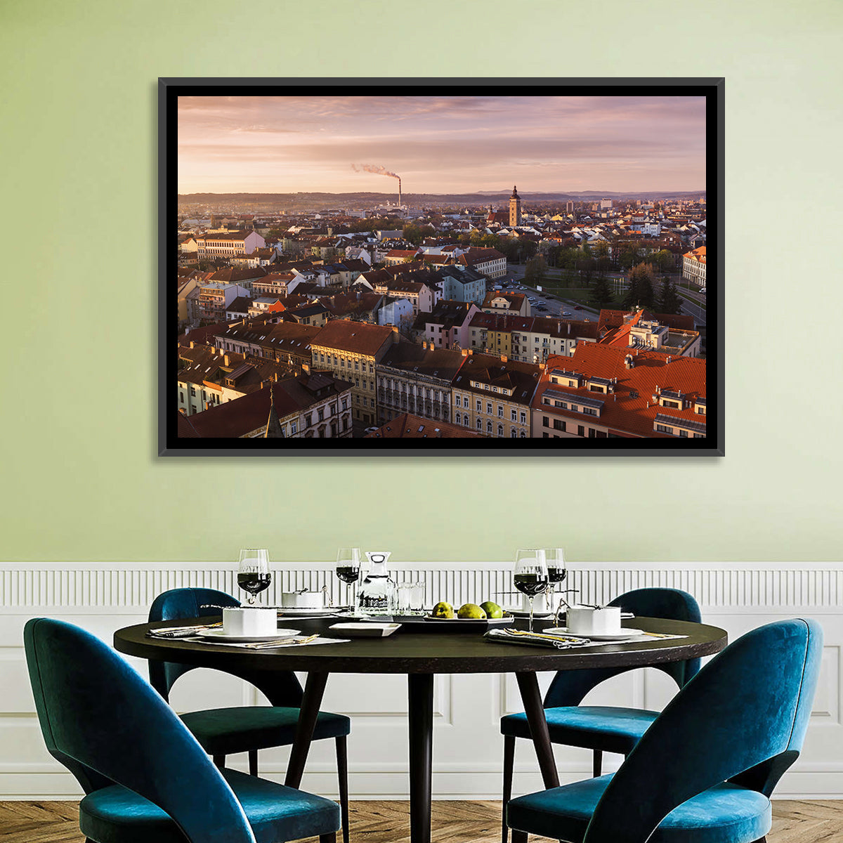 Red Tiled Rooftops at Golden Hour Wall Art in a room, landscape