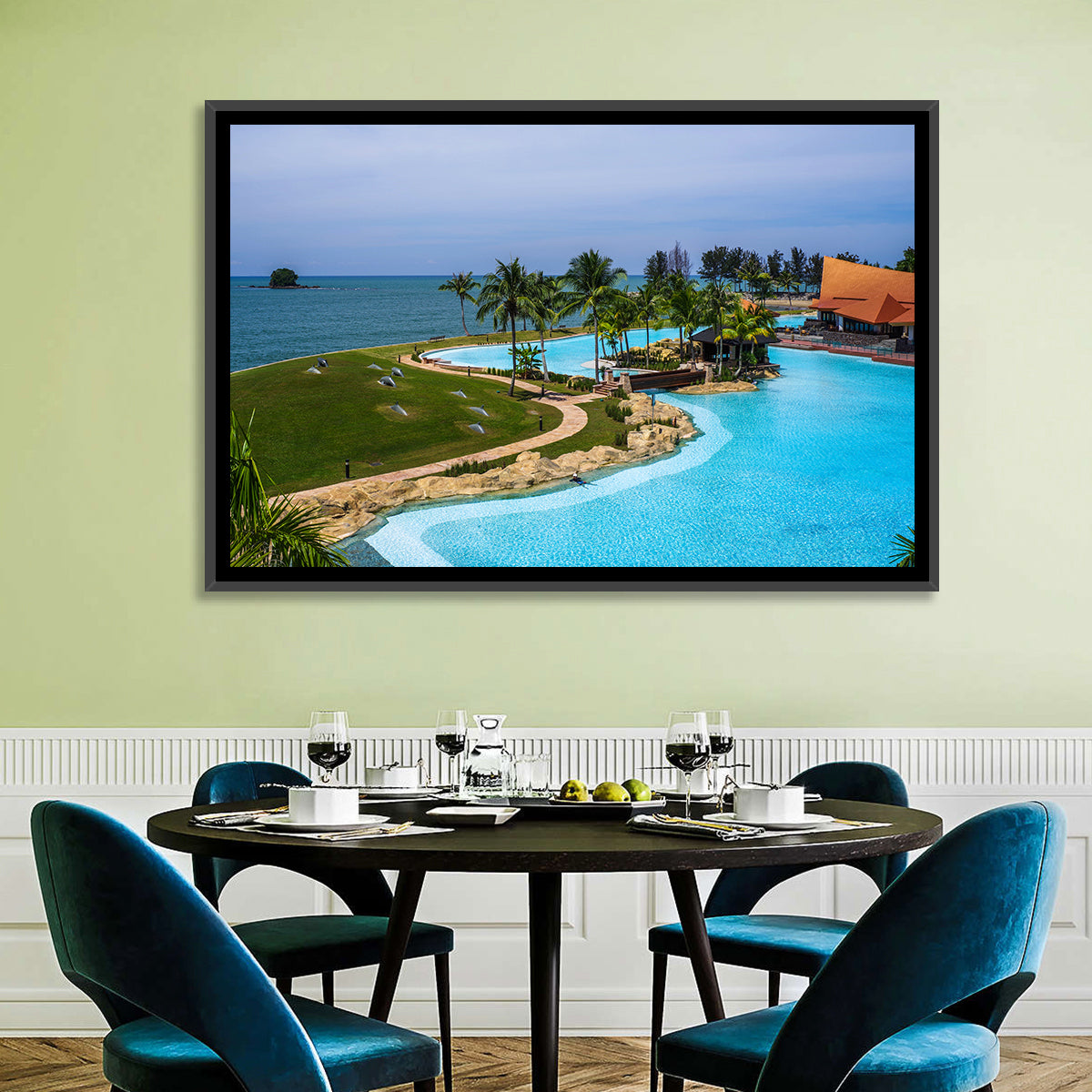 Tiered Resort Pool Horizon Wall Art in a room, landscape
