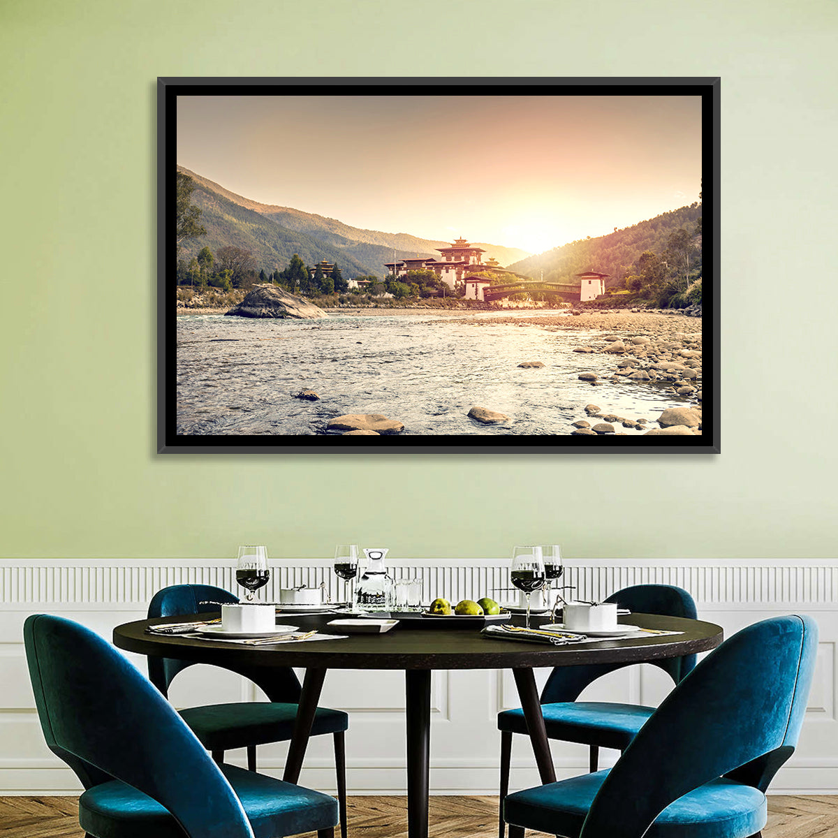 Punakha Dzong at Golden Hour Wall Art in a room, landscape