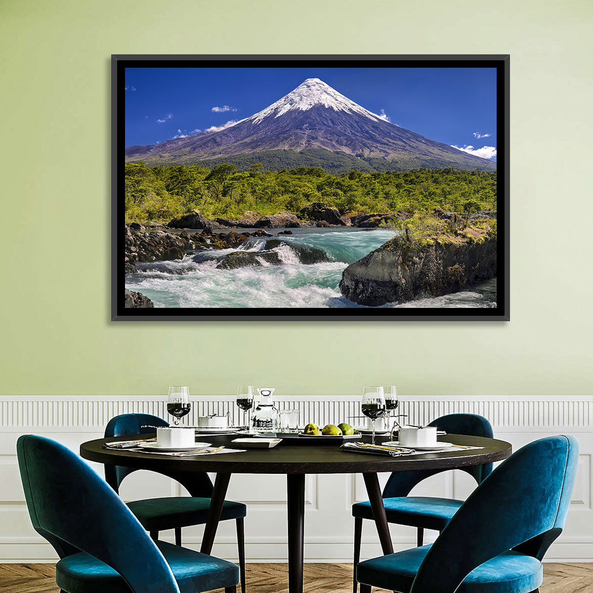 Osorno Volcano Over Petrohue Rapids Wall Art in a room, landscape