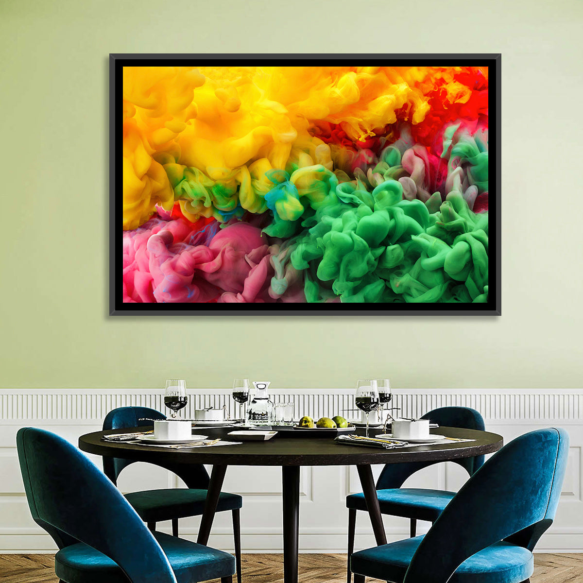 Vibrant Underwater Ink Cloud Abstract Wall Art in a room, landscape