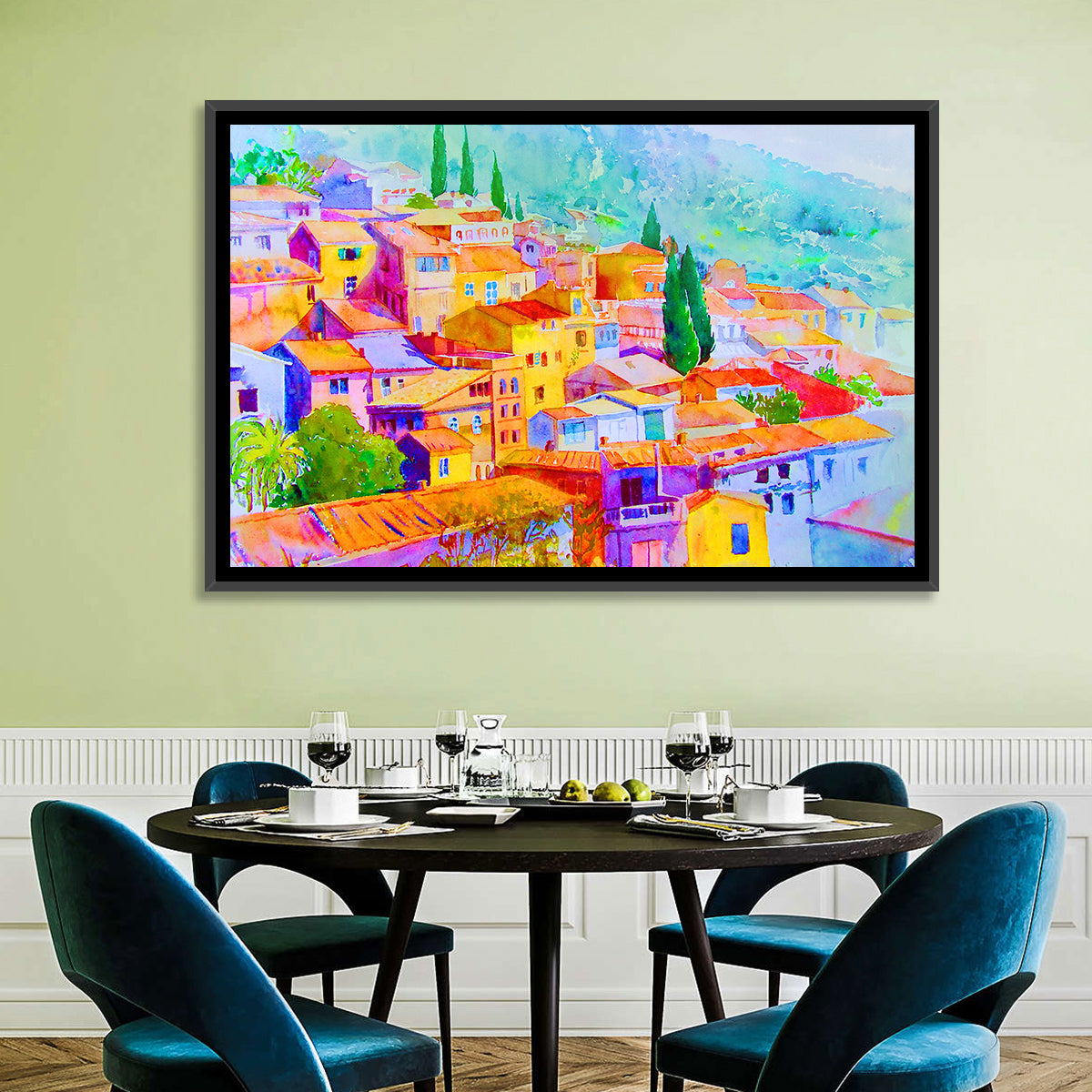 Mediterranean Hillside Watercolor Village Wall Art in a room, landscape