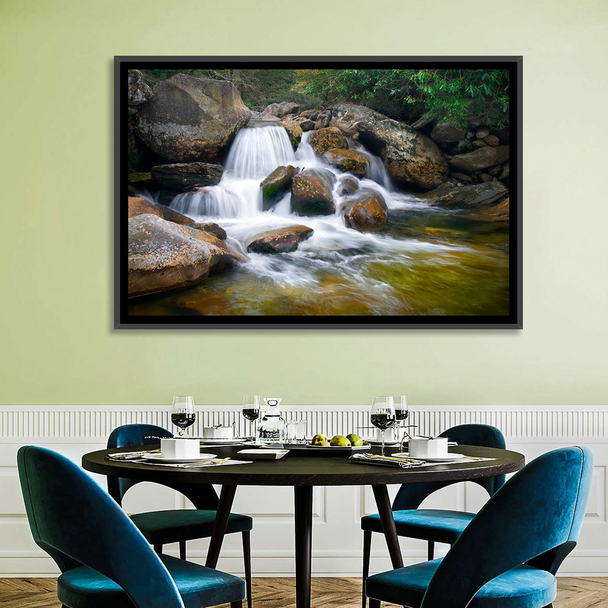 Blue Ridge Mossy Waterfall Wall Art in a room, landscape