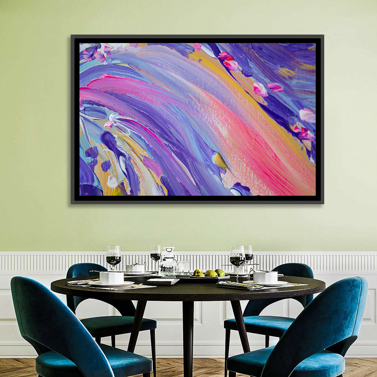 Sliding Hill Brushstrokes Wall Art in a room, landscape