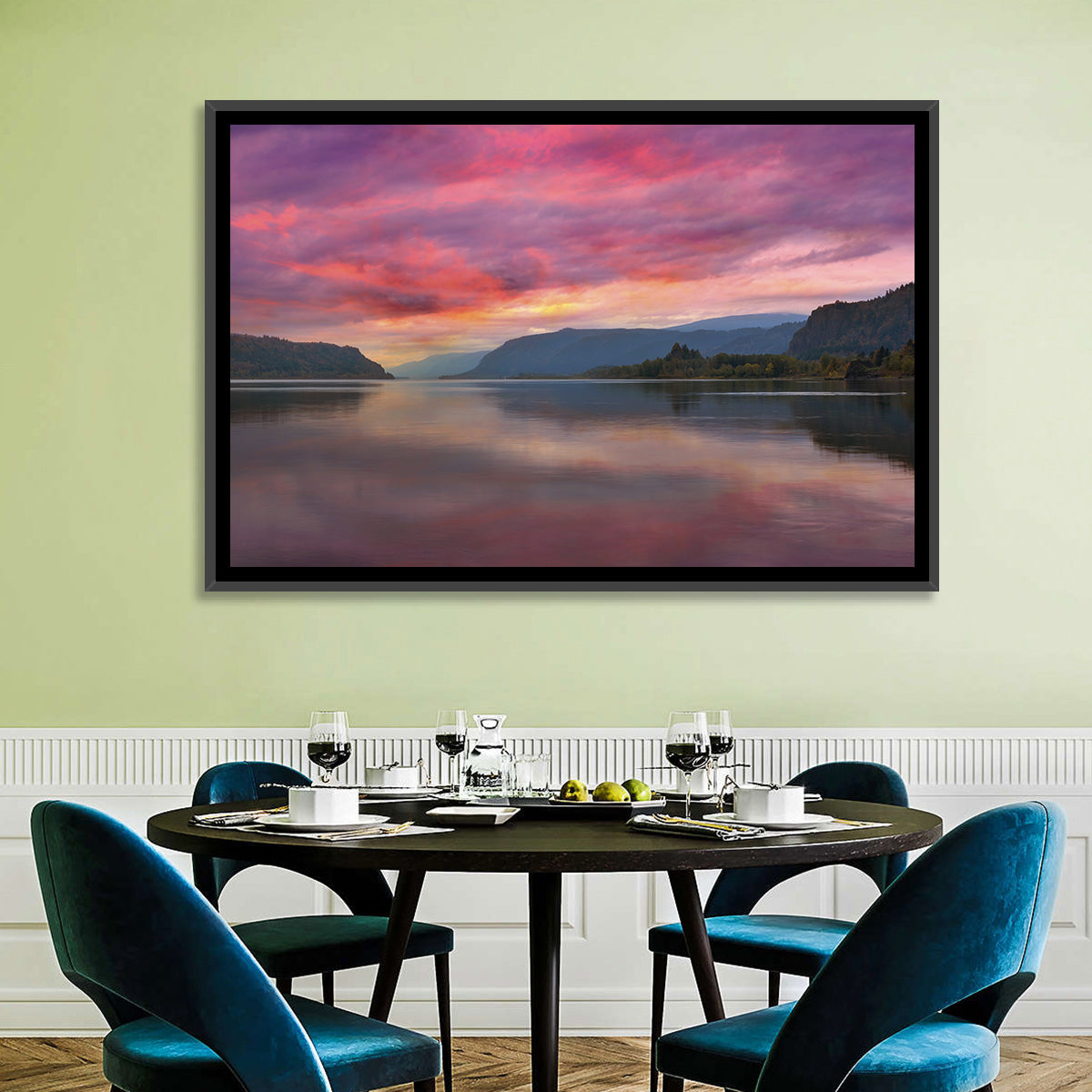 Sunrise Over River Gorge Wall Art in a room, landscape