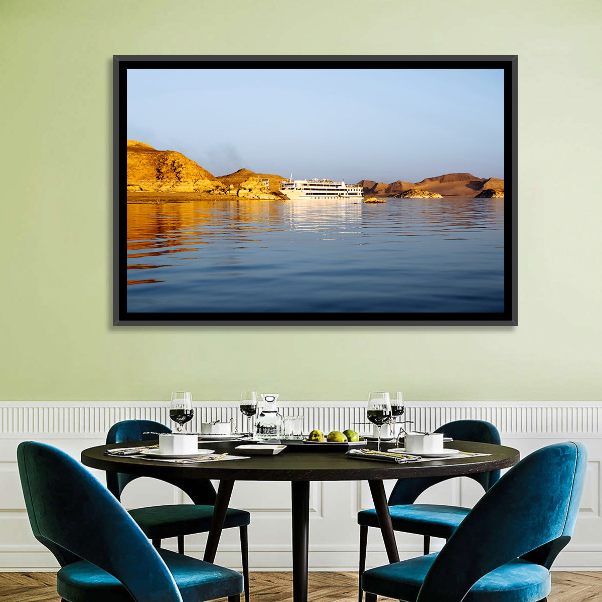 Lake Nasser Cruise Ship at Golden Hour Wall Art in a room, landscape