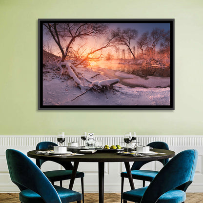 Sunset Over Snowy Forest Lake Wall Art