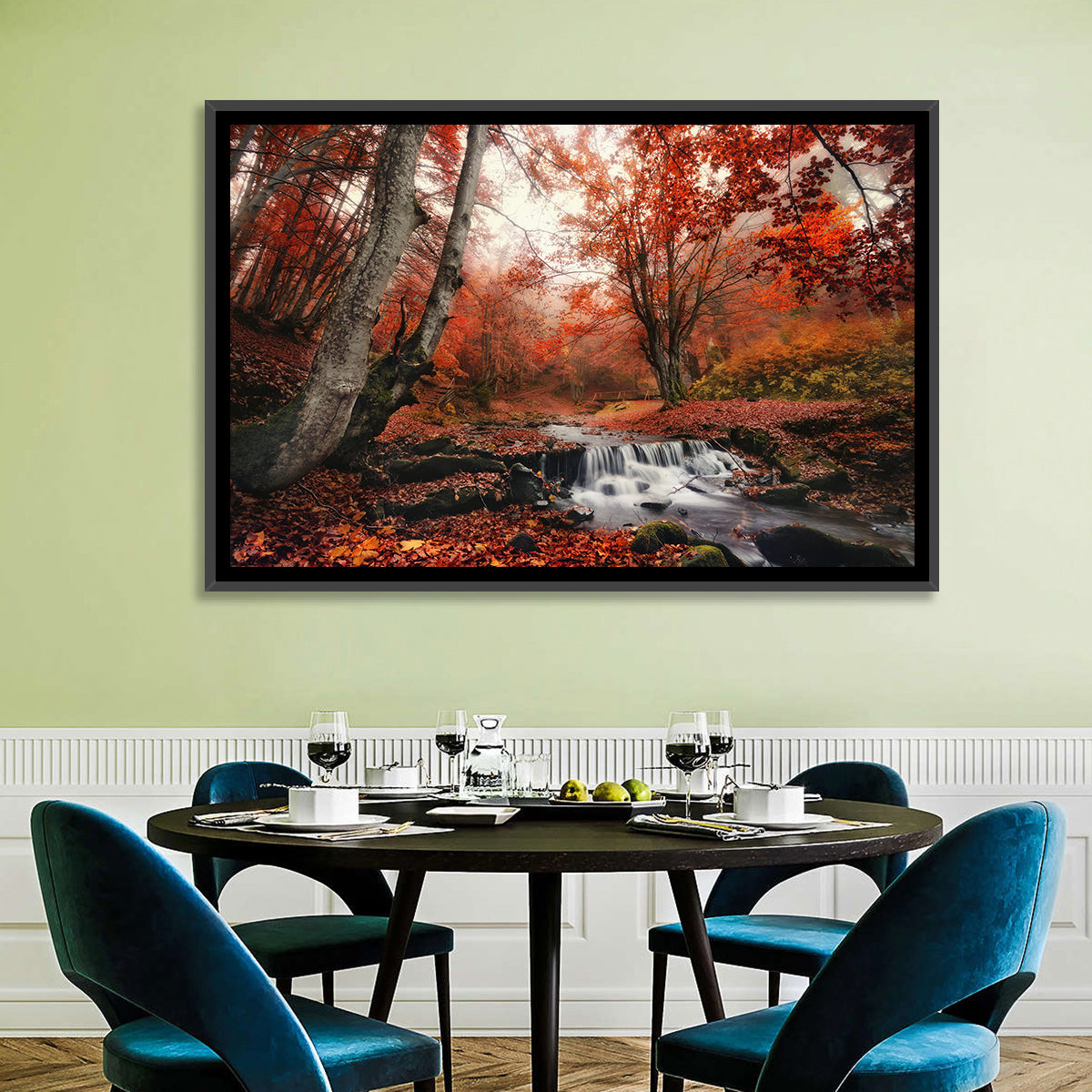 Autumn Forest Stream with Footbridge Wall Art in a room, landscape
