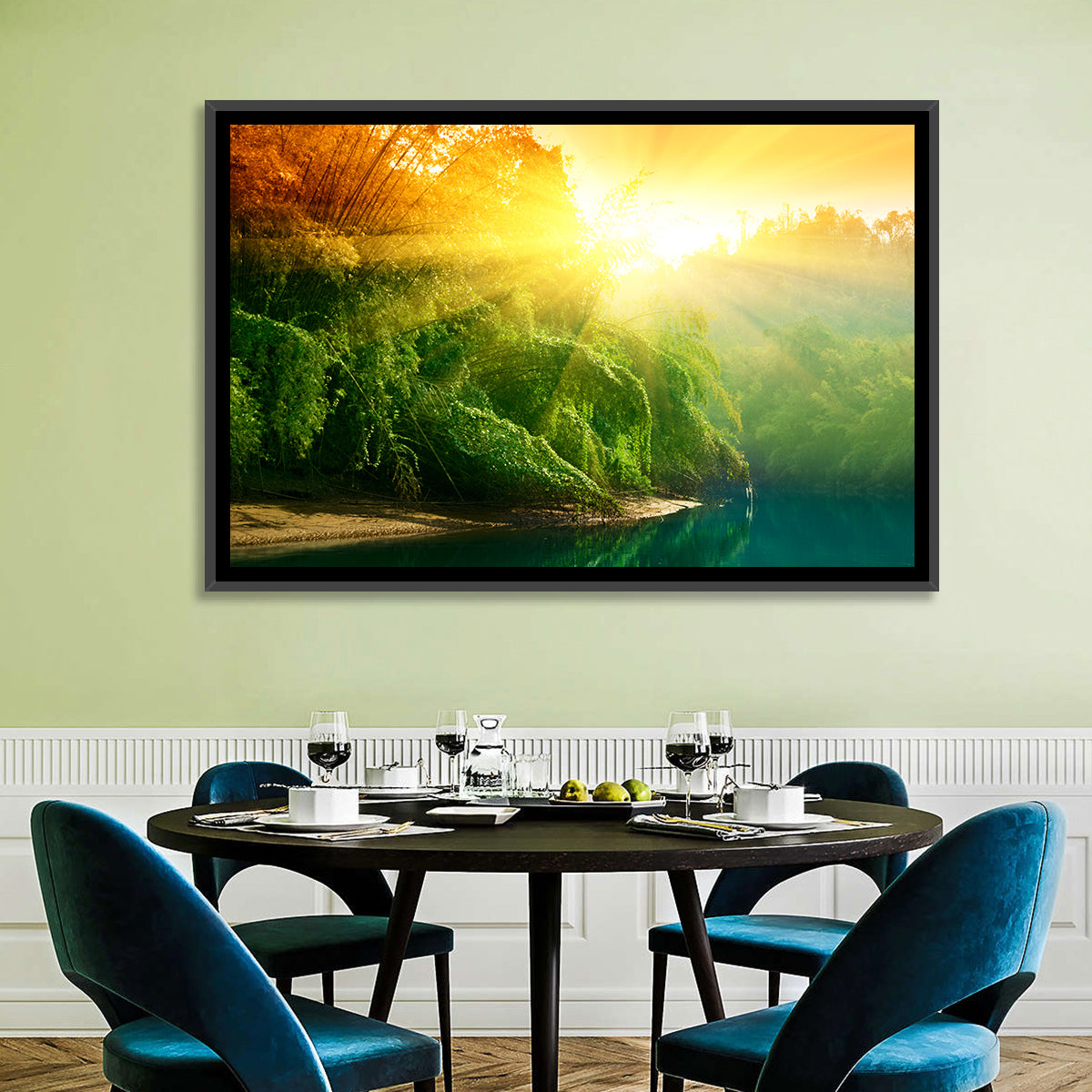 Golden Bamboo Riverbank Wall Art in a room, landscape