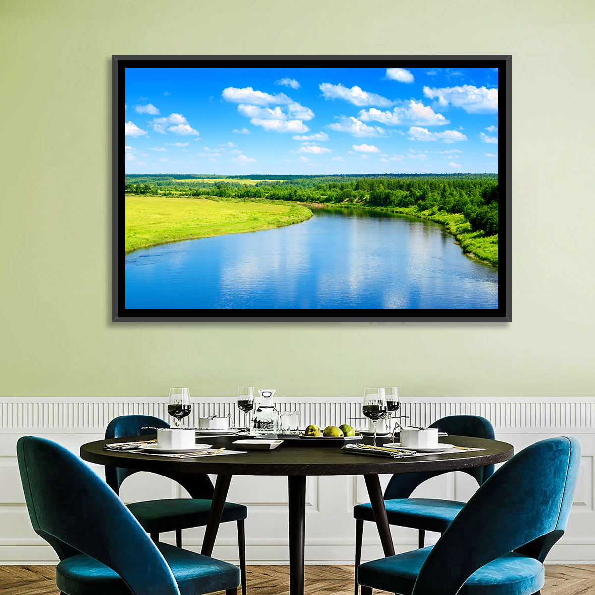 Blue River Meadow Wall Art in a room, landscape
