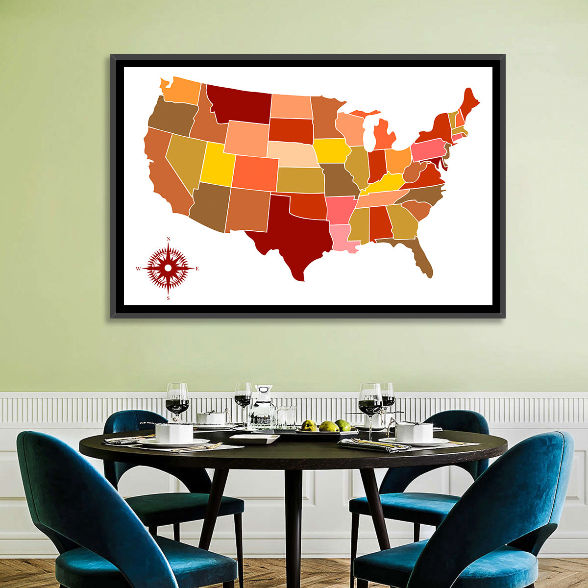 Stylized United States Map Wall Art in a room, landscape