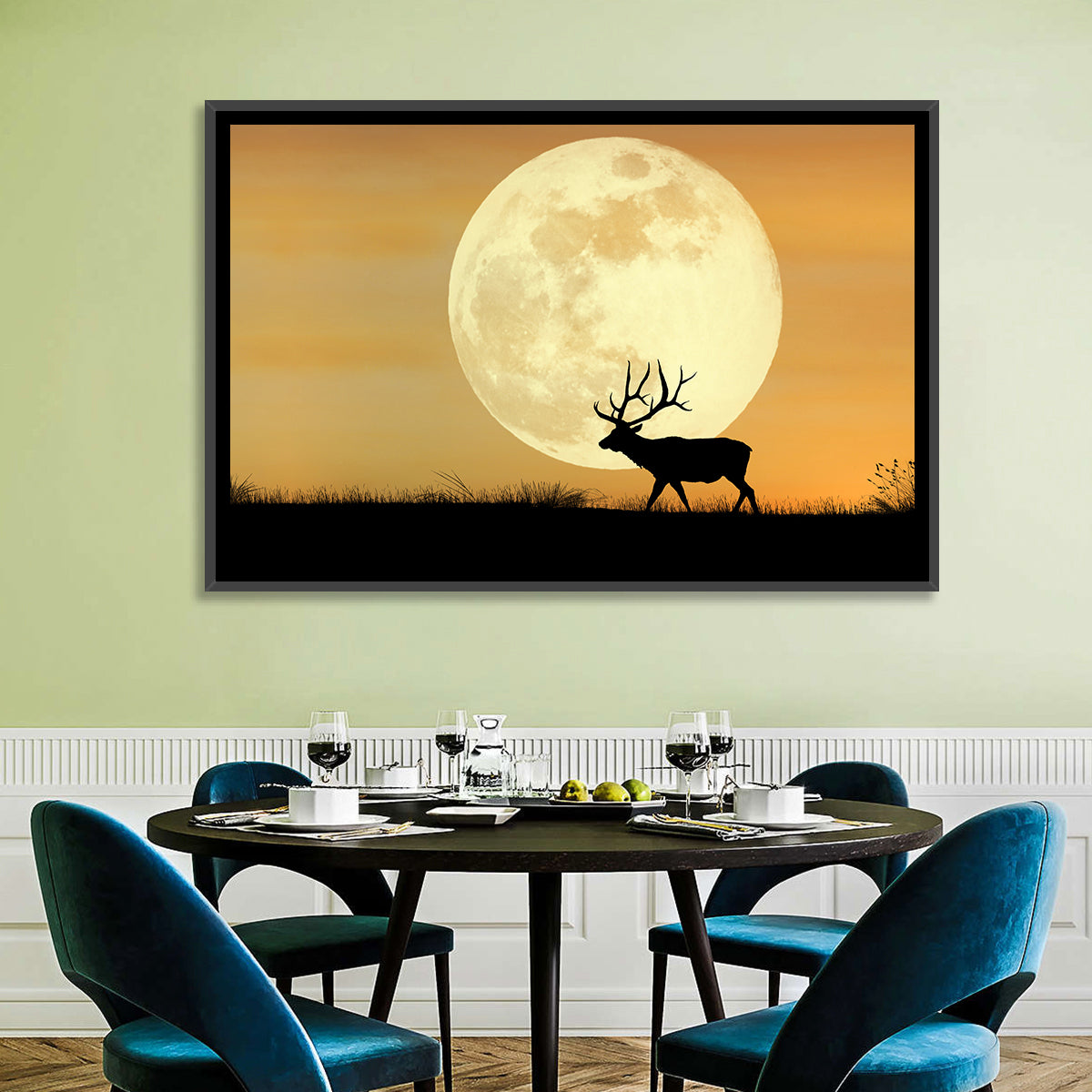 Bull Elk Silhouette Under Supermoon Wall Art in a room, landscape