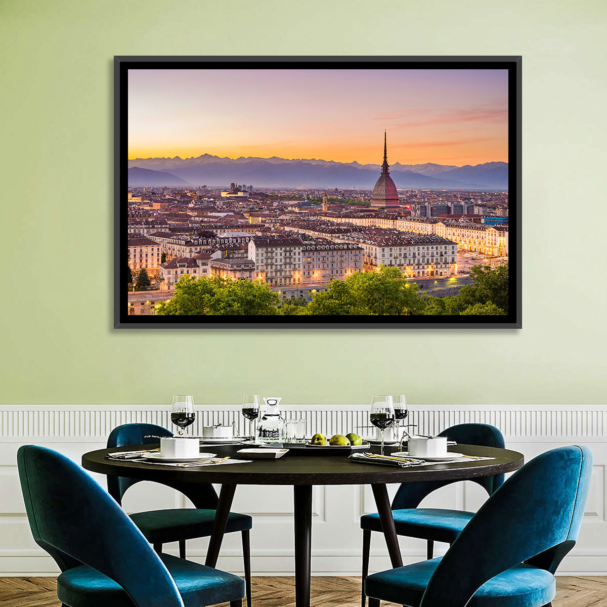 Turin Skyline at Golden Dusk Wall Art in a room, landscape
