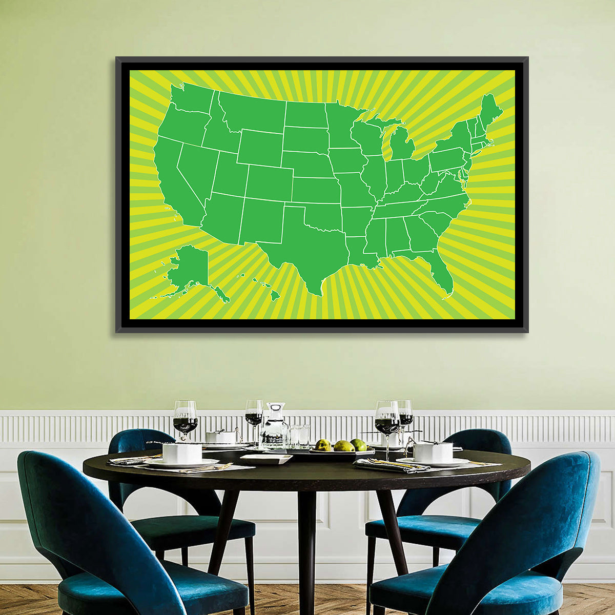 Green Sunburst USA Map Wall Art