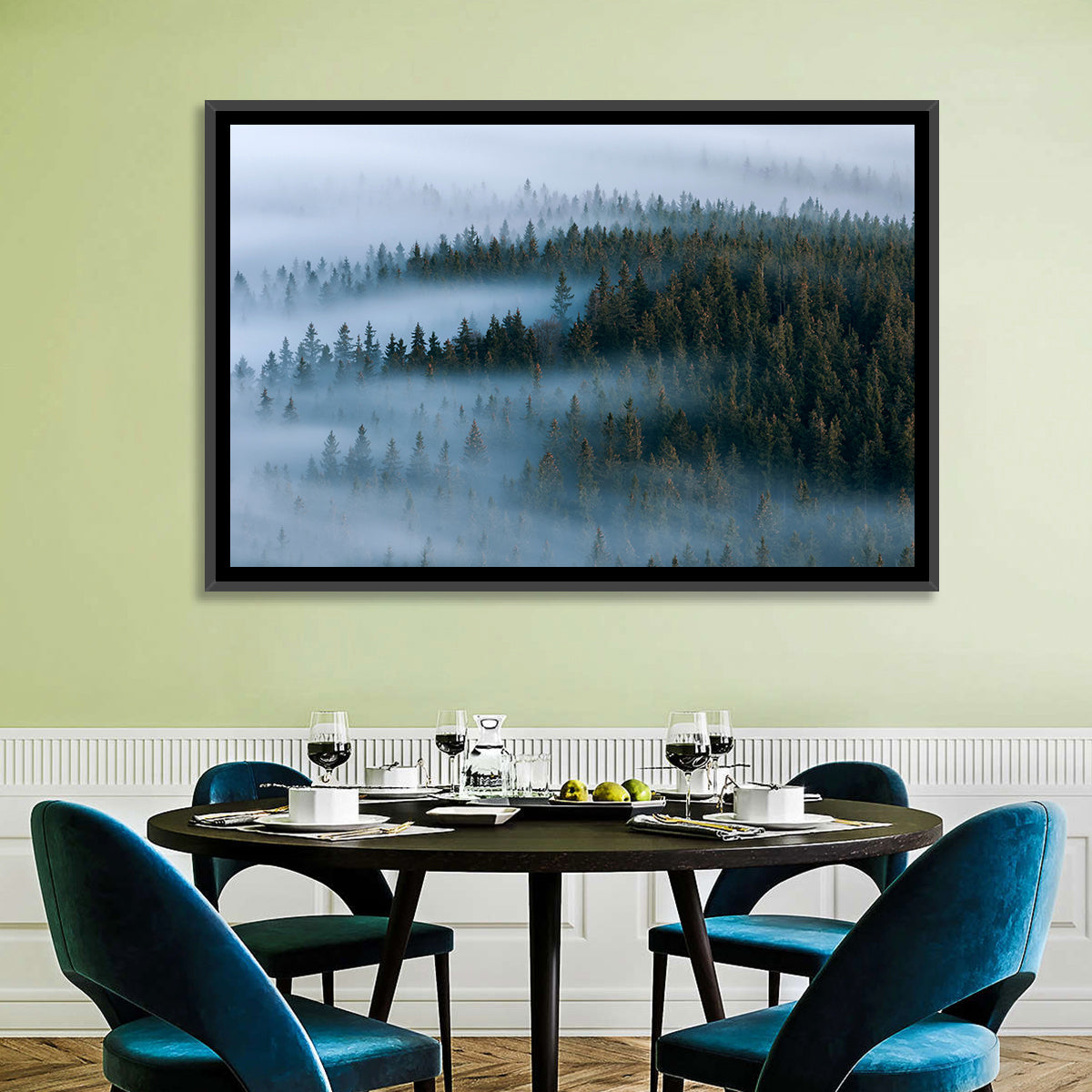 Morning Mist Over Pine Valley Wall Art in a room, landscape