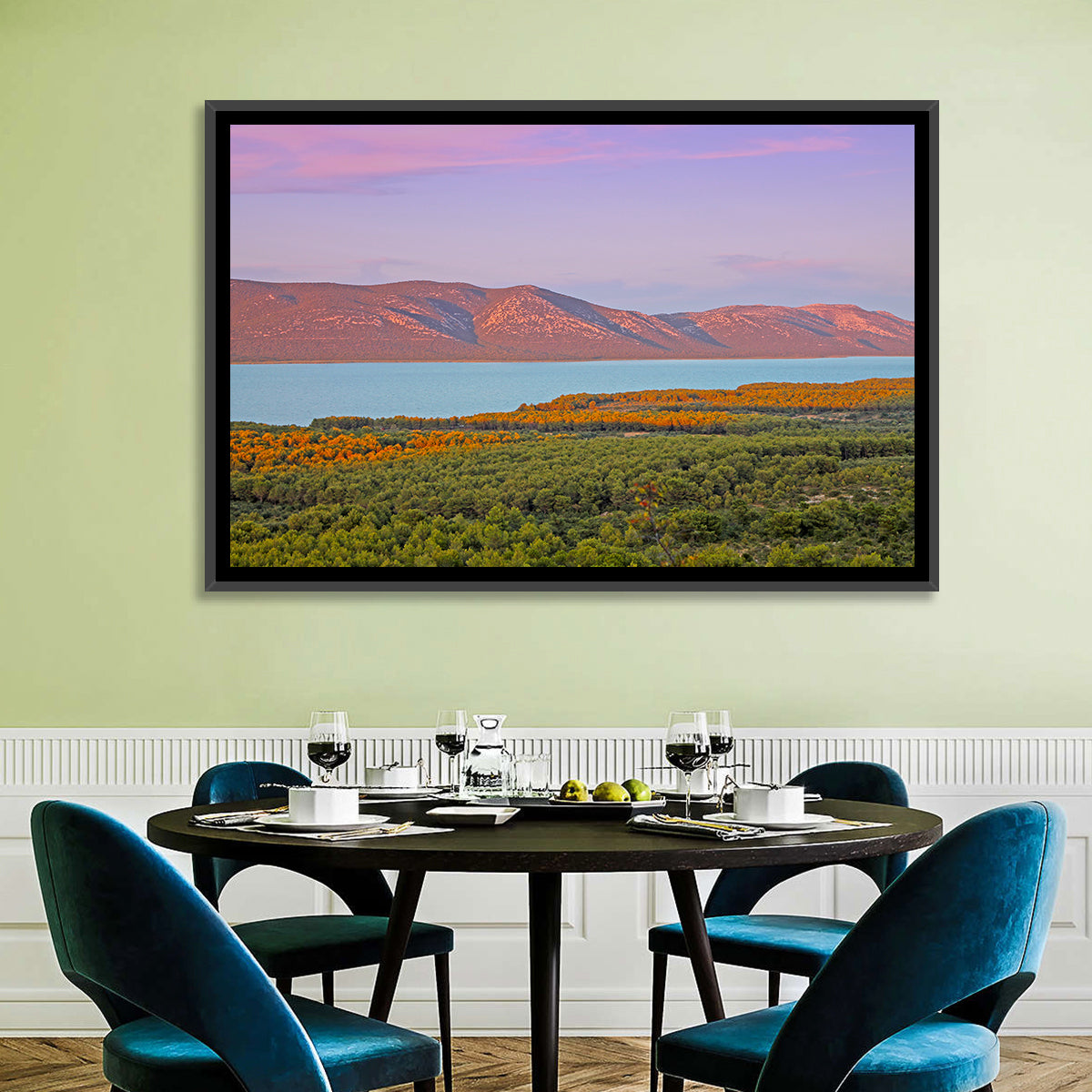 Lake Vrana Golden Hour Wall Art in a room, landscape