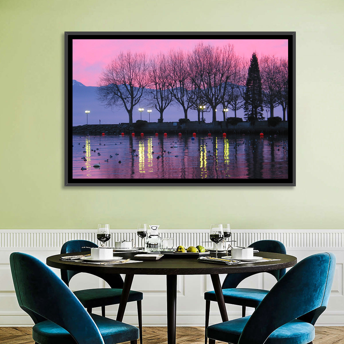 Lake Geneva Twilight Wall Art in a room, landscape