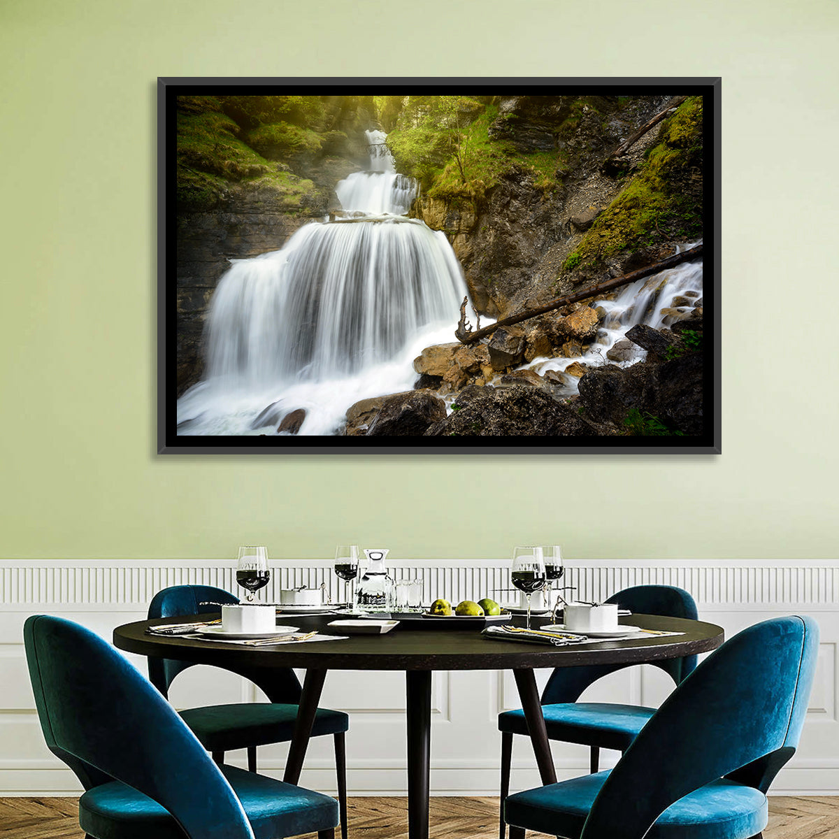 White Cascade Over Mossy Rocks Wall Art in a room, landscape