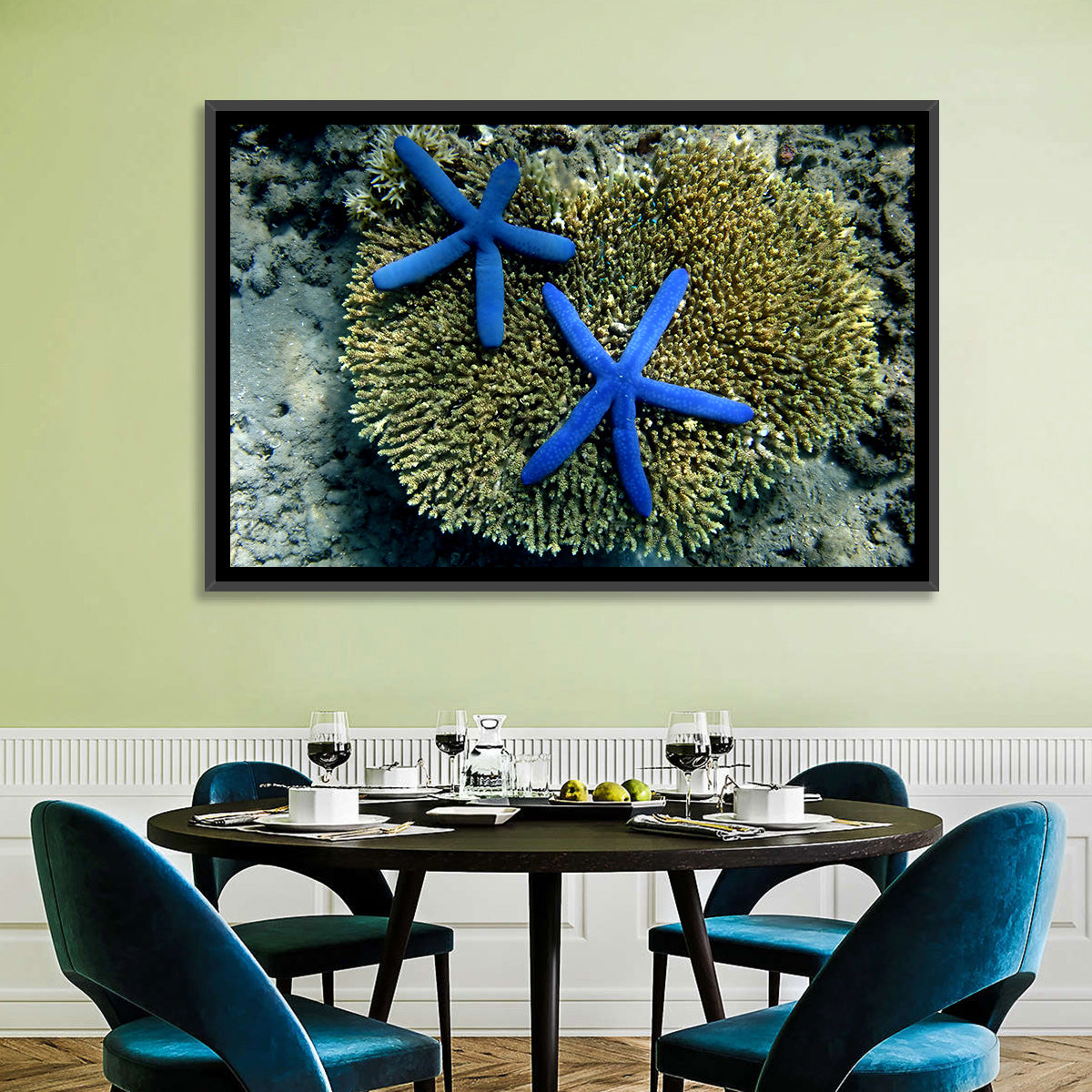 Blue Starfish Wall Art in a room, landscape
